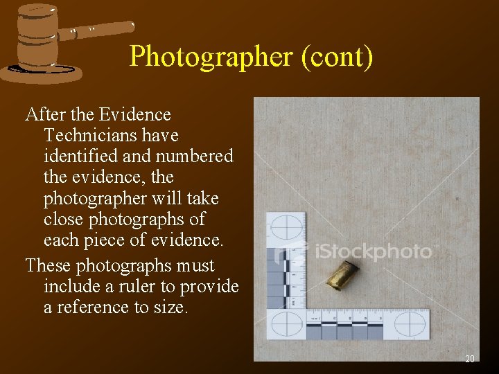 Photographer (cont) After the Evidence Technicians have identified and numbered the evidence, the photographer