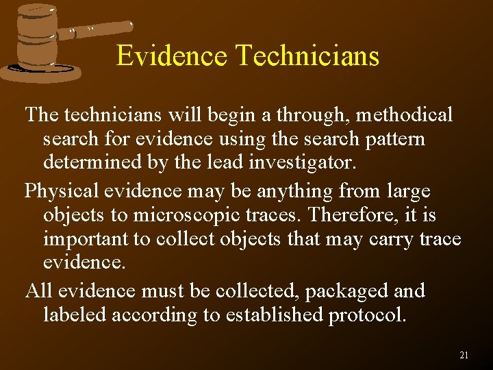 Evidence Technicians The technicians will begin a through, methodical search for evidence using the