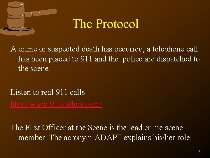 The Protocol A crime or suspected death has occurred, a telephone call has been