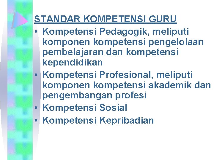 STANDAR KOMPETENSI GURU • Kompetensi Pedagogik, meliputi komponen kompetensi pengelolaan pembelajaran dan kompetensi kependidikan
