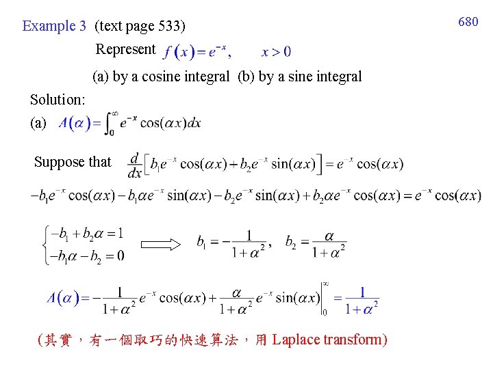 Example 3 (text page 533) Represent (a) by a cosine integral (b) by a