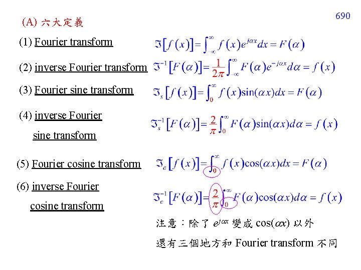 690 (A) 六大定義 (1) Fourier transform (2) inverse Fourier transform (3) Fourier sine transform