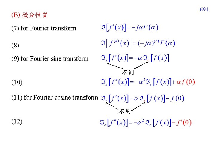 691 (B) 微分性質 (7) for Fourier transform (8) (9) for Fourier sine transform 不同