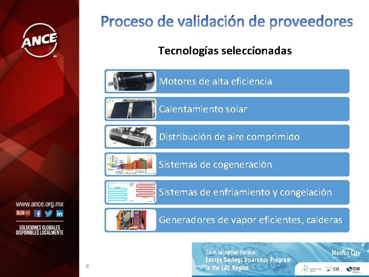 Tecnologías seleccionadas Motores de alta eficiencia Calentamiento solar Distribución de aire comprimido Sistemas de