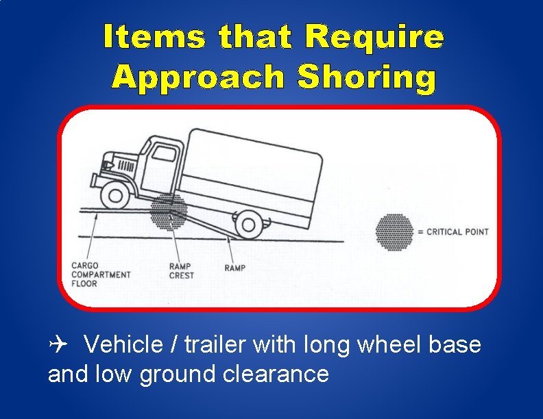 Items that Require Approach Shoring Vehicle / trailer with long wheel base and low