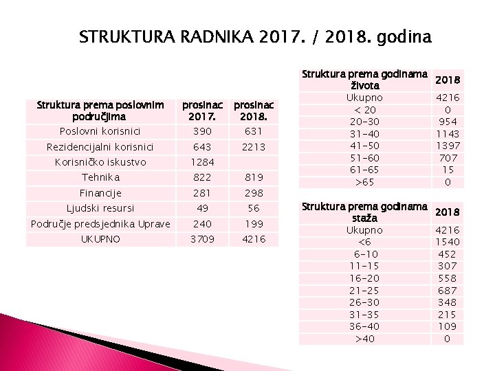 STRUKTURA RADNIKA 2017. / 2018. godina Struktura prema poslovnim područjima prosinac 2017. prosinac 2018.