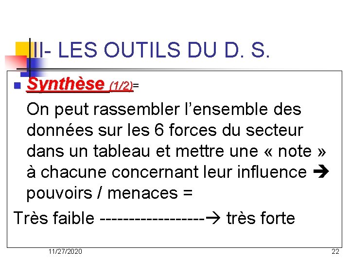 II- LES OUTILS DU D. S. Synthèse (1/2)= (1/2) On peut rassembler l’ensemble des