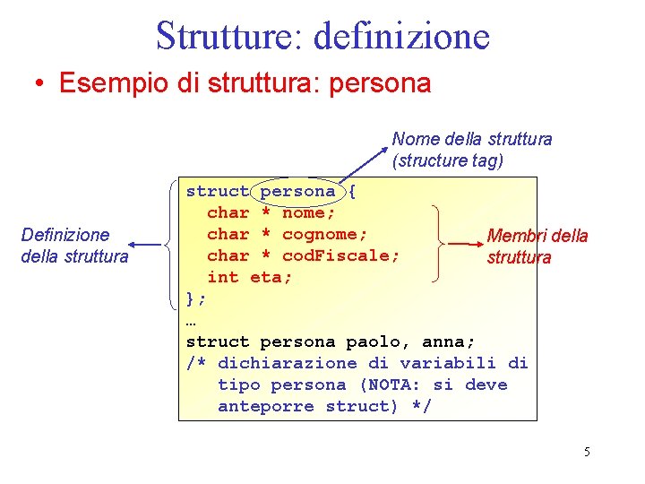 Strutture: definizione • Esempio di struttura: persona Nome della struttura (structure tag) Definizione della