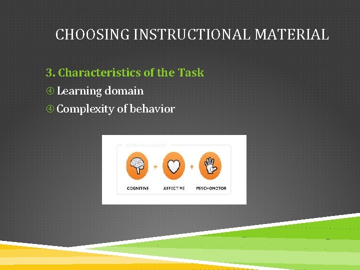 CHOOSING INSTRUCTIONAL MATERIAL 3. Characteristics of the Task Learning domain Complexity of behavior 