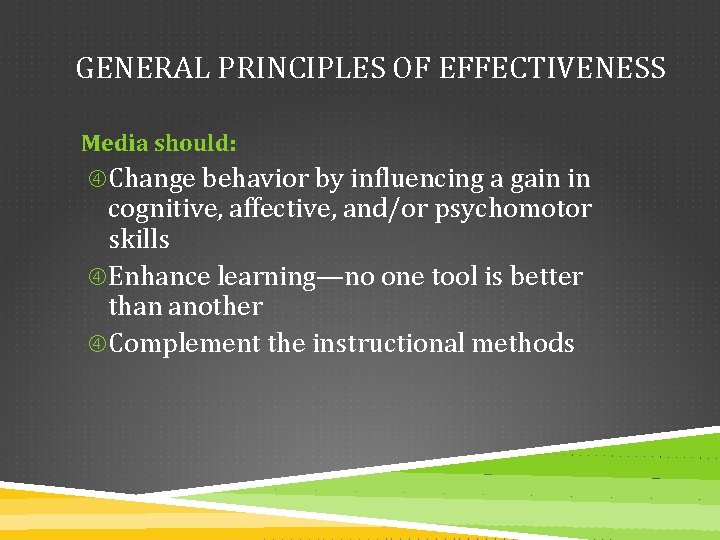 GENERAL PRINCIPLES OF EFFECTIVENESS Media should: Change behavior by influencing a gain in cognitive,