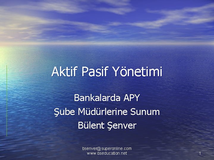 Aktif Pasif Yönetimi Bankalarda APY Şube Müdürlerine Sunum Bülent Şenver bsenver@superonline. com www. bseducation.