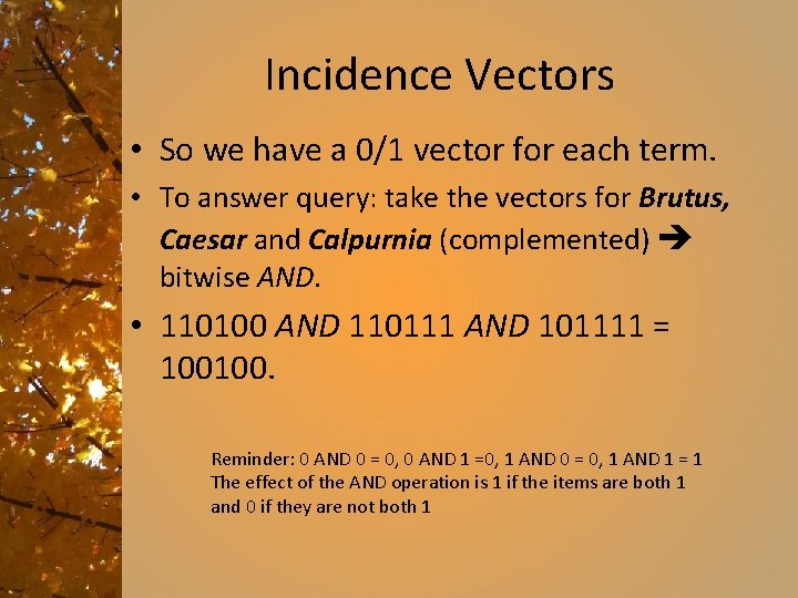 Incidence Vectors • So we have a 0/1 vector for each term. • To