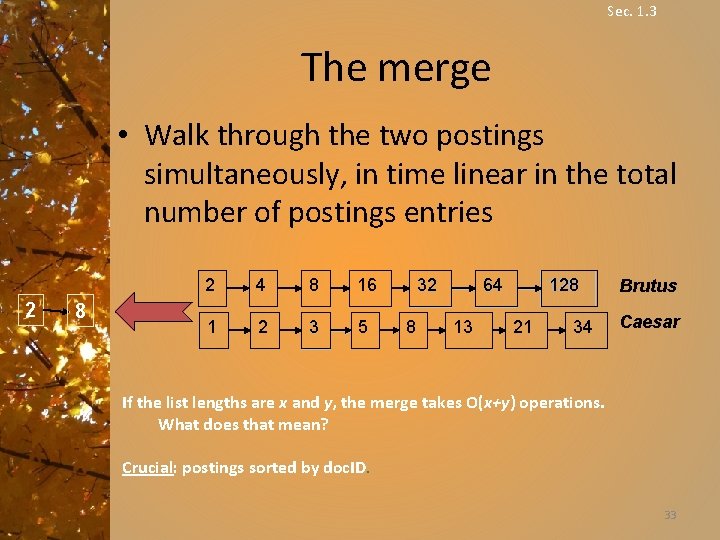 Sec. 1. 3 The merge • Walk through the two postings simultaneously, in time