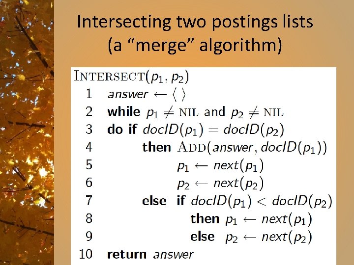 Intersecting two postings lists (a “merge” algorithm) 34 