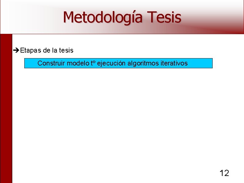 Metodología Tesis Etapas de la tesis Construir modelo tº ejecución algoritmos iterativos 12 