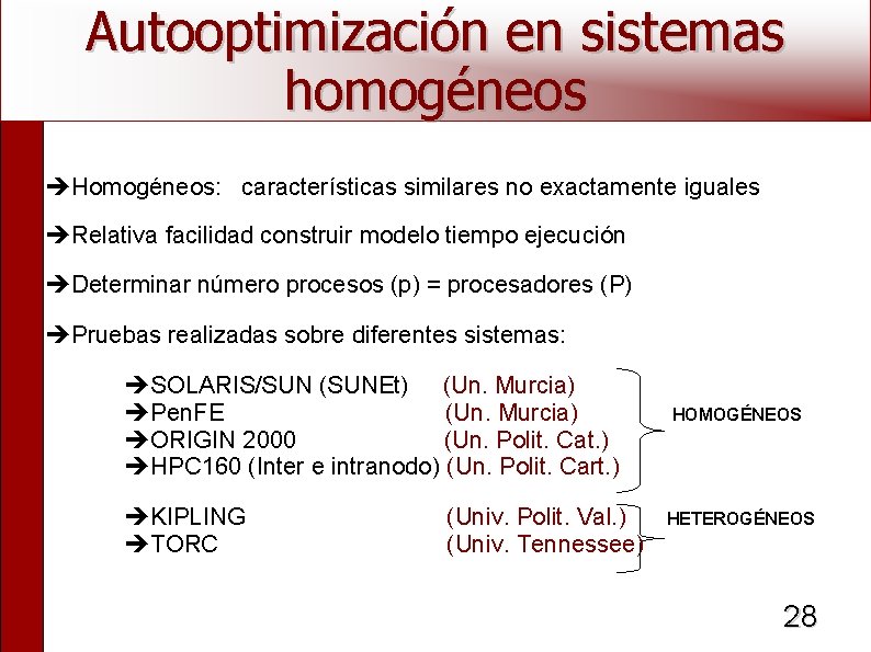 Autooptimización en sistemas homogéneos Homogéneos: características similares no exactamente iguales Relativa facilidad construir modelo