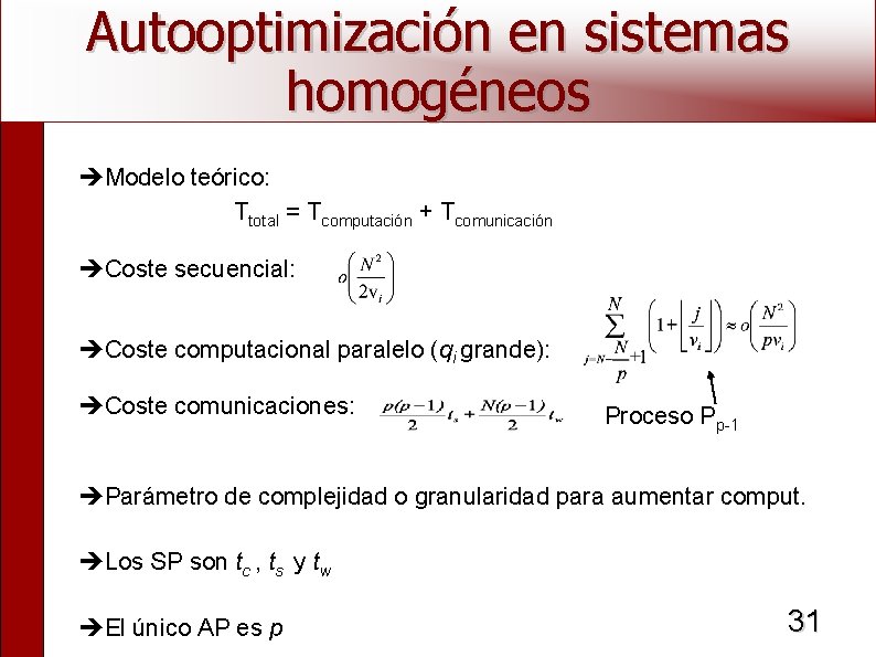 Autooptimización en sistemas homogéneos Modelo teórico: Ttotal = Tcomputación + Tcomunicación Coste secuencial: Coste