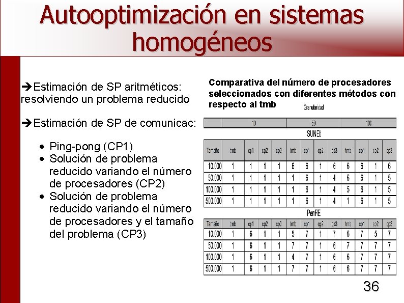 Autooptimización en sistemas homogéneos Estimación de SP aritméticos: resolviendo un problema reducido Comparativa del