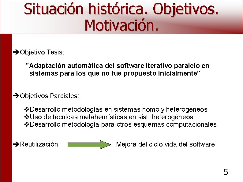 Situación histórica. Objetivos. Motivación. Objetivo Tesis: ”Adaptación automática del software iterativo paralelo en sistemas