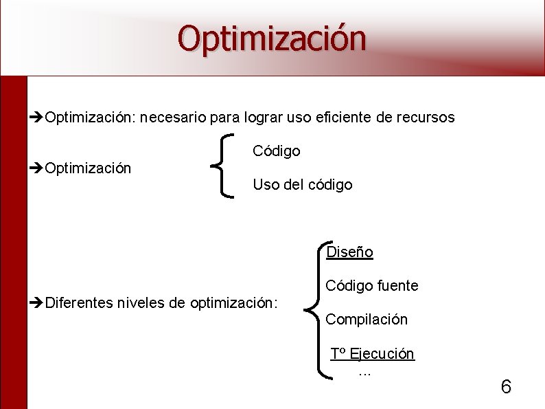 Optimización: necesario para lograr uso eficiente de recursos Optimización Código Uso del código Diseño