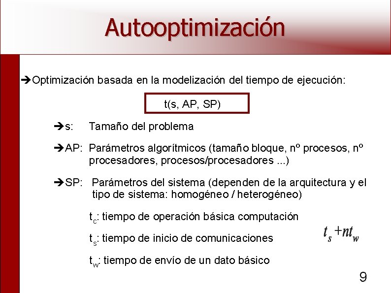 Autooptimización Optimización basada en la modelización del tiempo de ejecución: t(s, AP, SP) s: