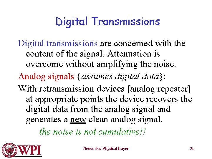 Digital Transmissions Digital transmissions are concerned with the content of the signal. Attenuation is