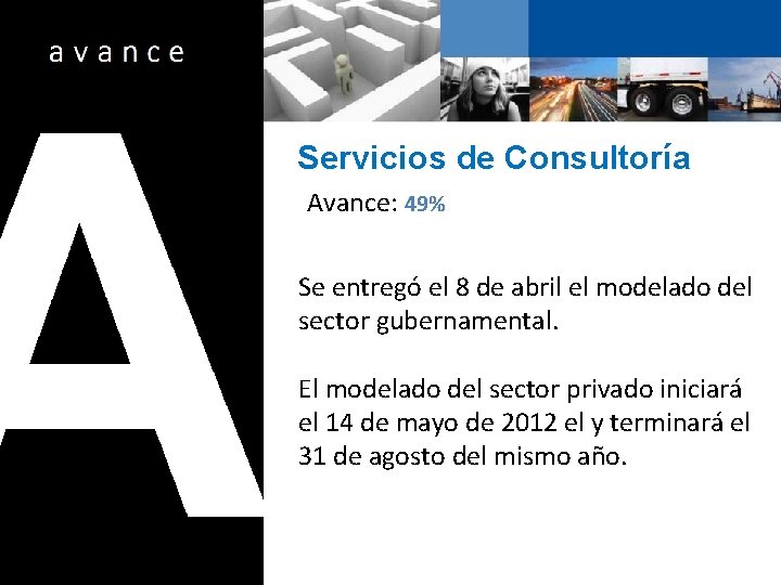 Servicios de Consultoría Avance: 49% Se entregó el 8 de abril el modelado del