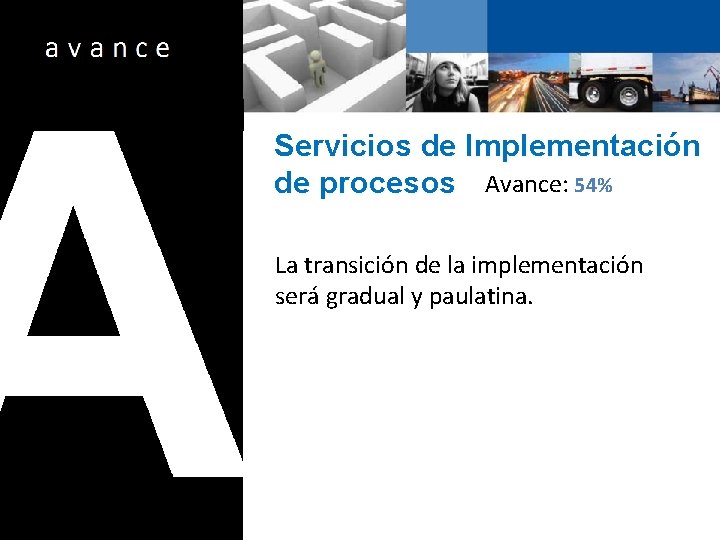 Servicios de Implementación de procesos Avance: 54% La transición de la implementación será gradual