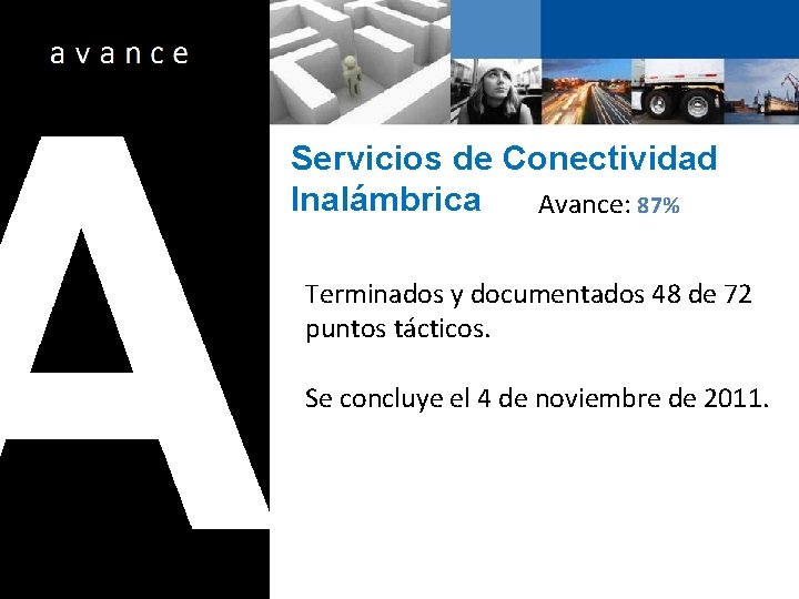 Servicios de Conectividad Inalámbrica Avance: 87% Terminados y documentados 48 de 72 puntos tácticos.