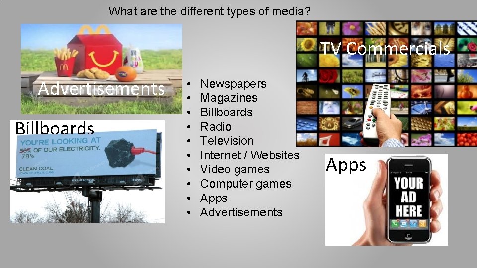 What are the different types of media? TV Commercials Advertisements Billboards • • • What are the different types of media? TV Commercials Advertisements Billboards • • •