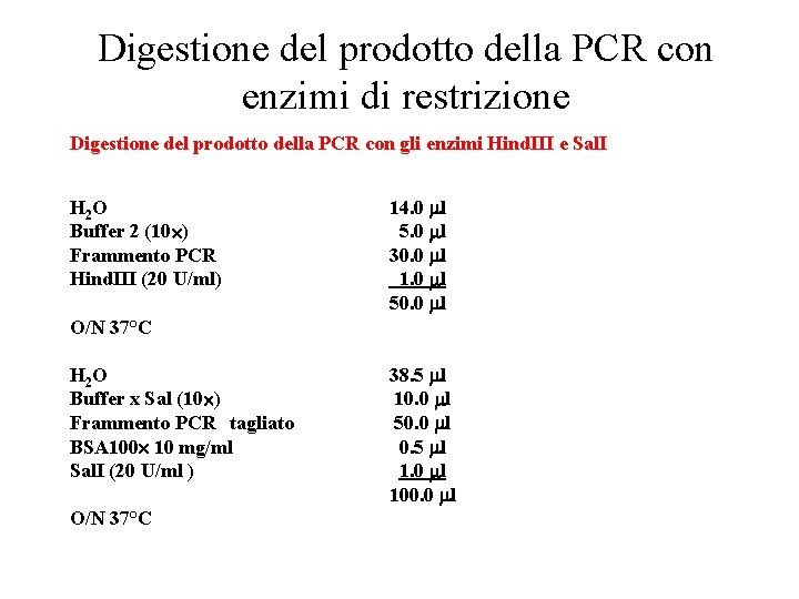 Digestione del prodotto della PCR con enzimi di restrizione Digestione del prodotto della PCR