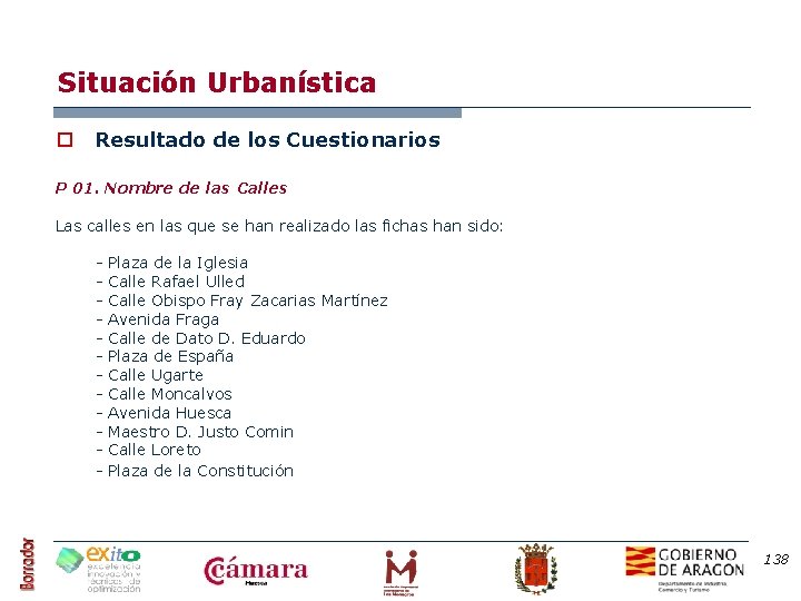 Situación Urbanística o Resultado de los Cuestionarios P 01. Nombre de las Calles Las