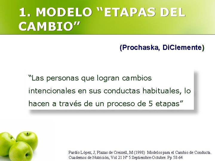 1. MODELO “ETAPAS DEL CAMBIO” (Prochaska, Di. Clemente) “Las personas que logran cambios intencionales