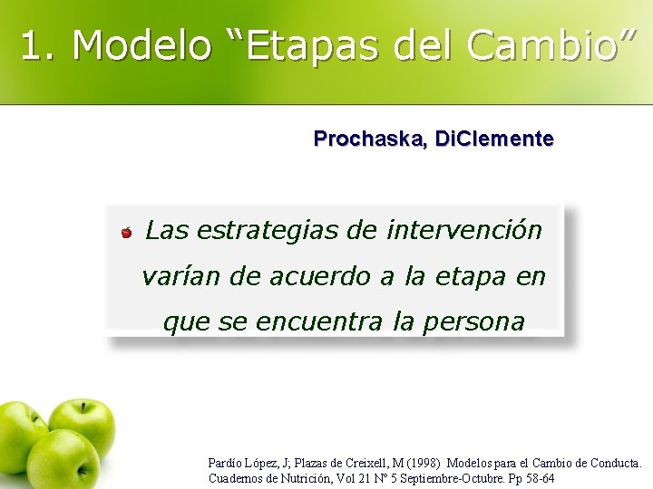 1. Modelo “Etapas del Cambio” Prochaska, Di. Clemente Las estrategias de intervención varían de