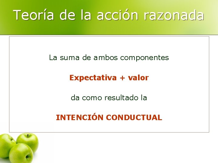 Teoría de la acción razonada La suma de ambos componentes Expectativa + valor da