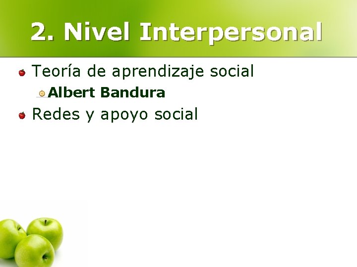 2. Nivel Interpersonal Teoría de aprendizaje social Albert Bandura Redes y apoyo social 