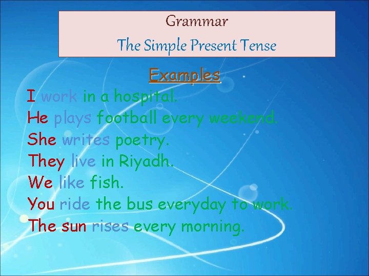 Grammar The Simple Present Tense Examples I work in a hospital. He plays football