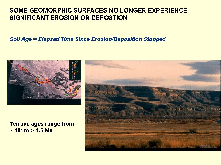SOME GEOMORPHIC SURFACES NO LONGER EXPERIENCE SIGNIFICANT EROSION OR DEPOSTION Soil Age = Elapsed