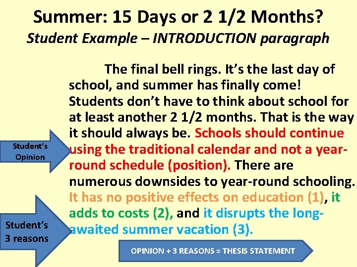 Summer: 15 Days or 2 1/2 Months? Student Example – INTRODUCTION paragraph Student’s Opinion