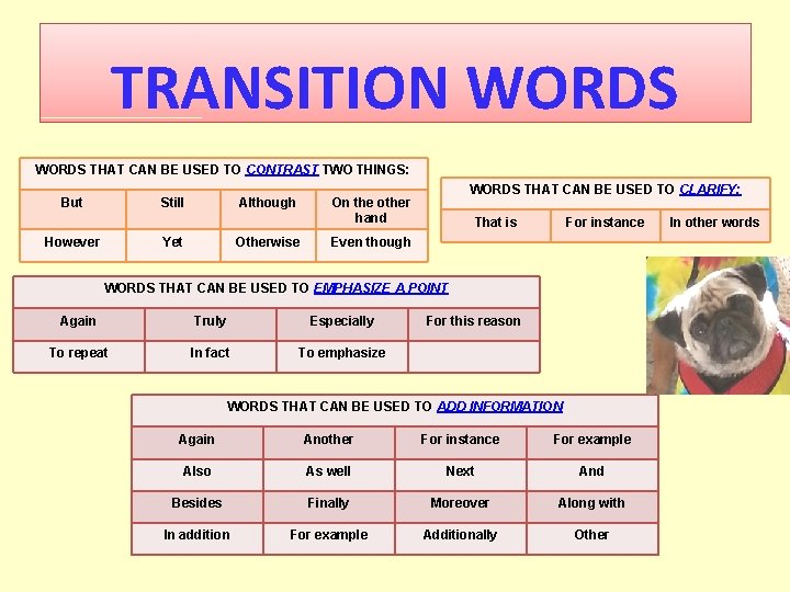 TRANSITION WORDS THAT CAN BE USED TO CONTRAST TWO THINGS: But Still However Although