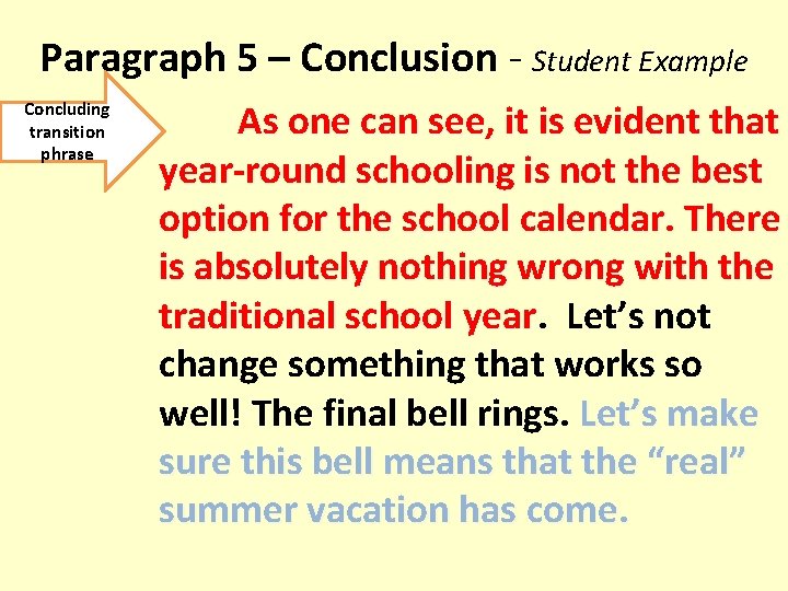 Paragraph 5 – Conclusion - Student Example Concluding transition phrase As one can see,