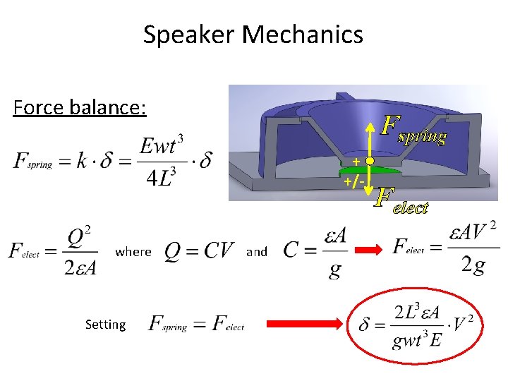 Speaker Mechanics Force balance: Fspring + +/- where Setting and Felect Speaker Mechanics Force balance: Fspring + +/- where Setting and Felect