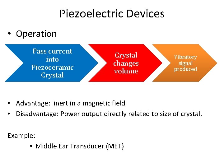 Piezoelectric Devices • Operation Pass current into Piezoceramic Crystal changes volume Vibratory signal produced Piezoelectric Devices • Operation Pass current into Piezoceramic Crystal changes volume Vibratory signal produced