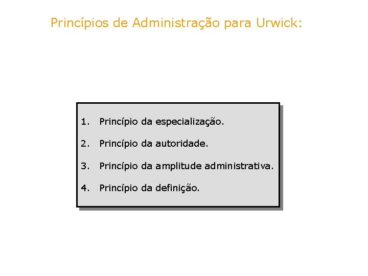 Princípios de Administração para Urwick: 1. Princípio da especialização. 2. Princípio da autoridade. 3.