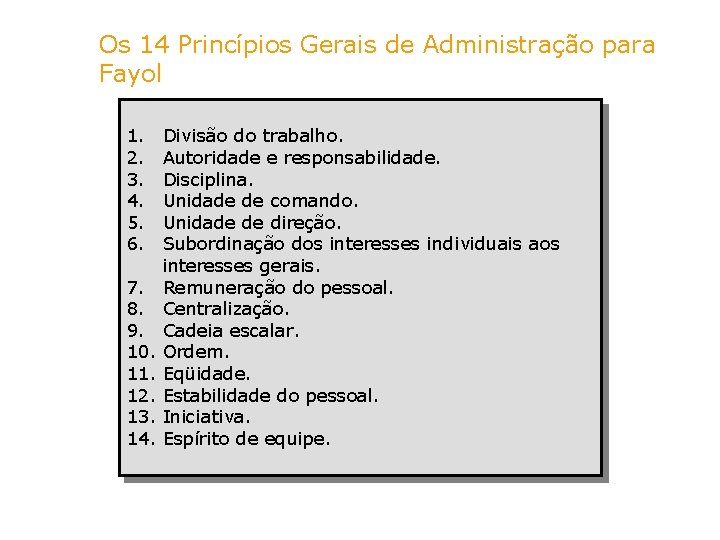 Os 14 Princípios Gerais de Administração para Fayol 1. 2. 3. 4. 5. 6.