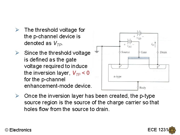 Ø The threshold voltage for the p-channel device is denoted as VTP. Ø Since