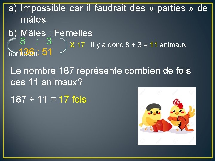 a) Impossible car il faudrait des « parties » de mâles b) Mâles :