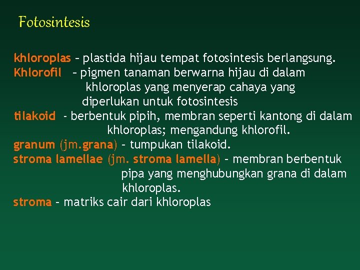 Fotosintesis khloroplas – plastida hijau tempat fotosintesis berlangsung. Khlorofil – pigmen tanaman berwarna hijau