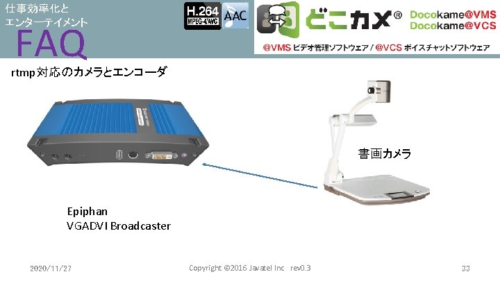 仕事効率化と エンターテイメント FAQ rtmp対応のカメラとエンコーダ 書画カメラ Epiphan VGADVI Broadcaster 2020/11/27 Copyright © 2016 Javatel Inc　rev