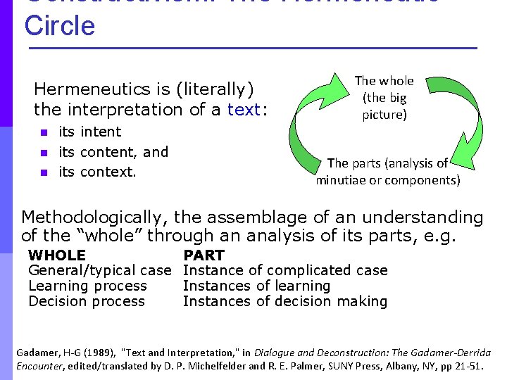 Constructivism: The Hermeneutic Circle Hermeneutics is (literally) the interpretation of a text: n its